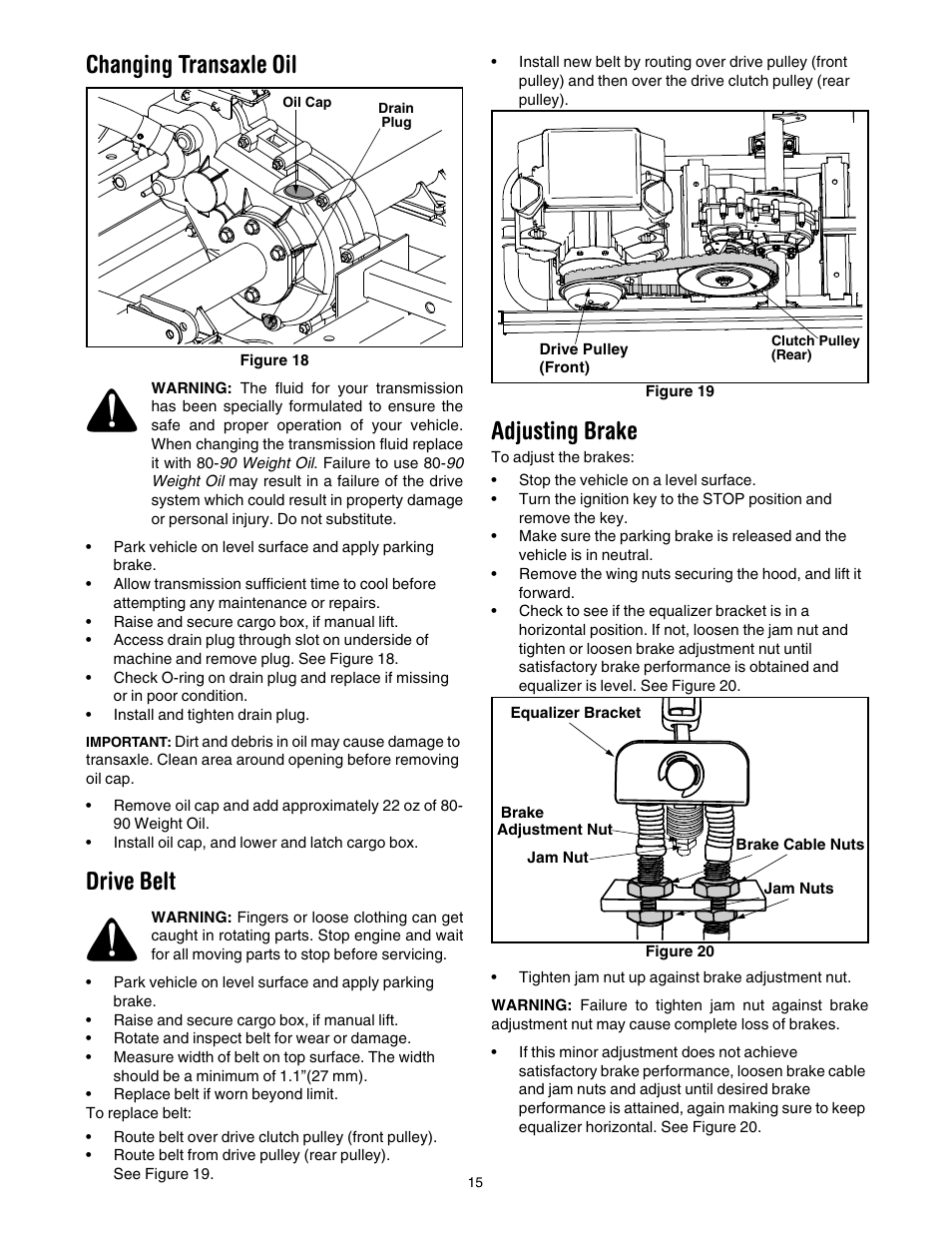 Changing transaxle oil, Drive belt, Adjusting brake | Cub Cadet 431D User Manual | Page 15 / 24