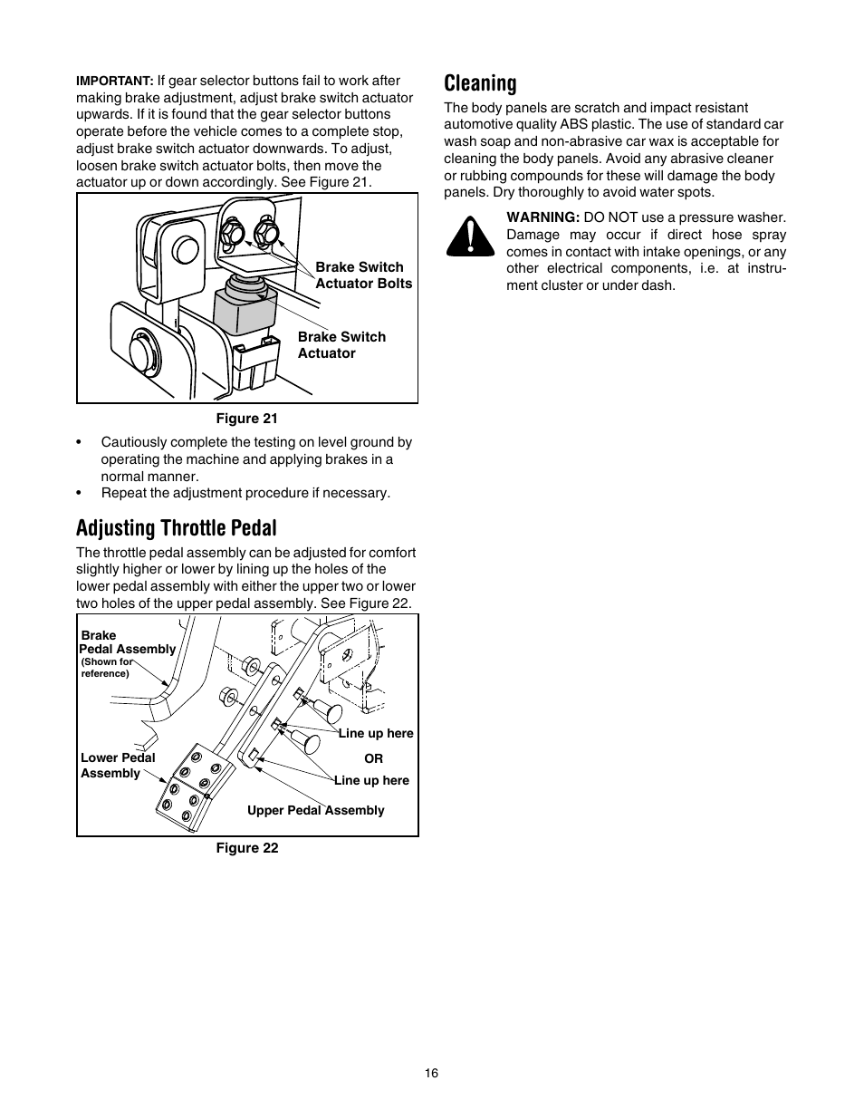 Adjusting throttle pedal, Cleaning | Cub Cadet 431D User Manual | Page 16 / 24
