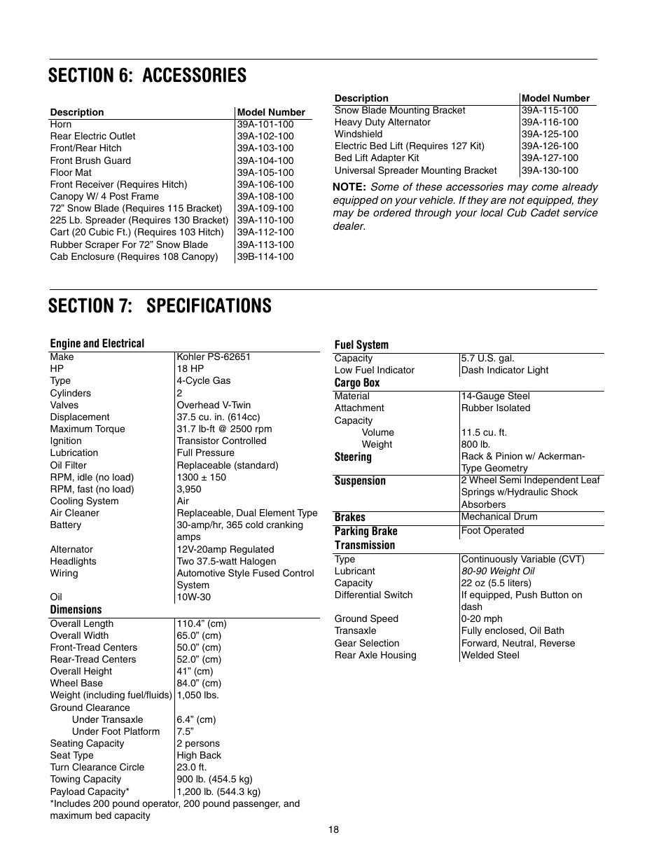 Section 6: accessories, Section 7: specifications, Engine and electrical | Dimensions, Fuel system, Cargo box, Steering, Suspension, Brakes, Parking brake | Cub Cadet 431D User Manual | Page 18 / 24