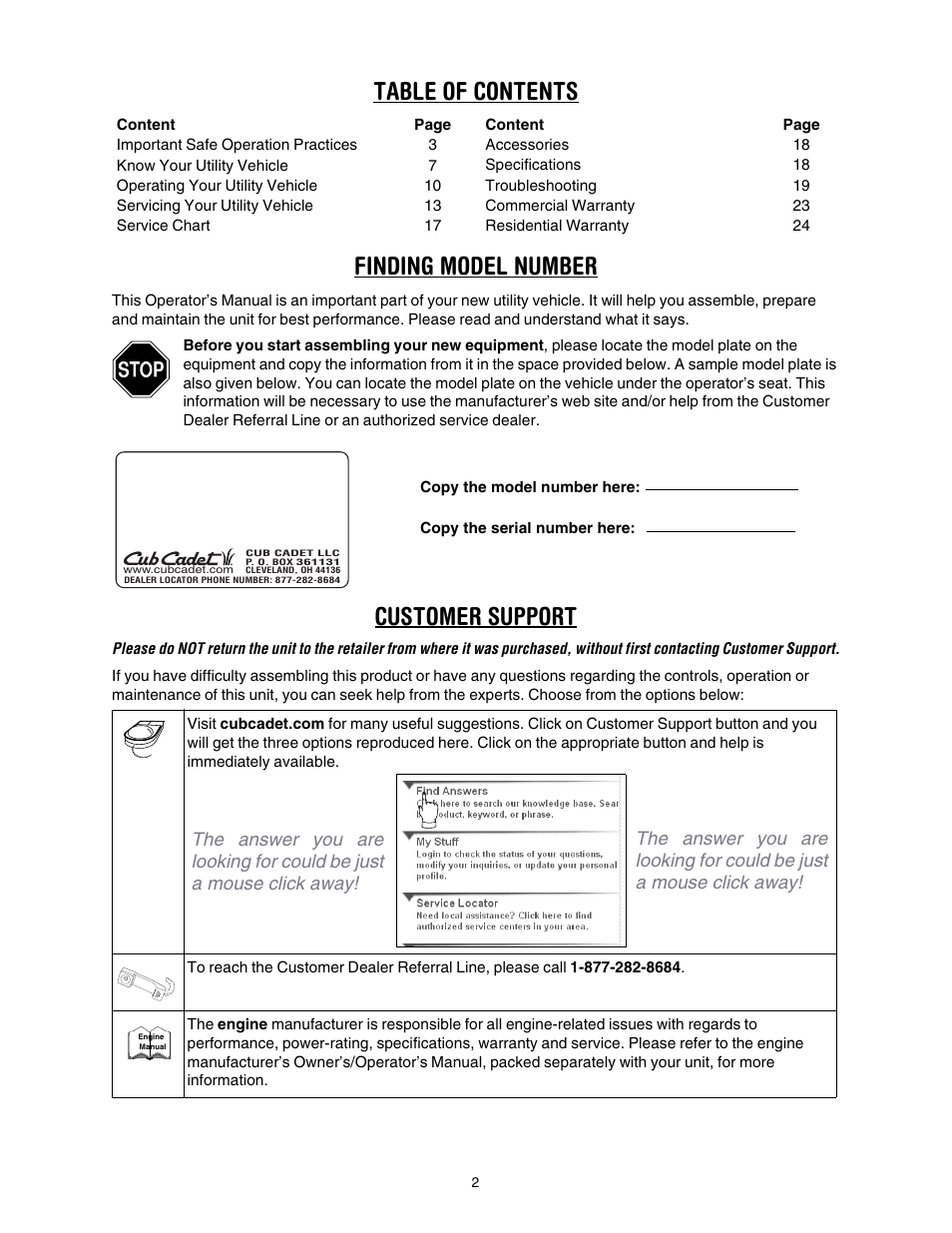 Table of contents finding model number, Customer support | Cub Cadet 431D User Manual | Page 2 / 24