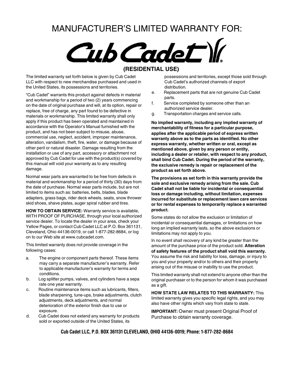Manufacturer’s limited warranty for | Cub Cadet 431D User Manual | Page 24 / 24