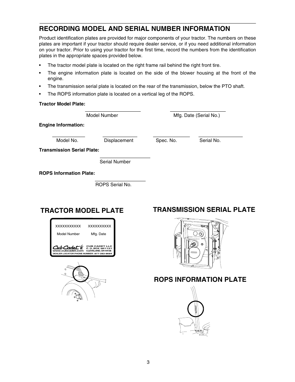 Recording model and serial number information | Cub Cadet 5252 User Manual | Page 3 / 48