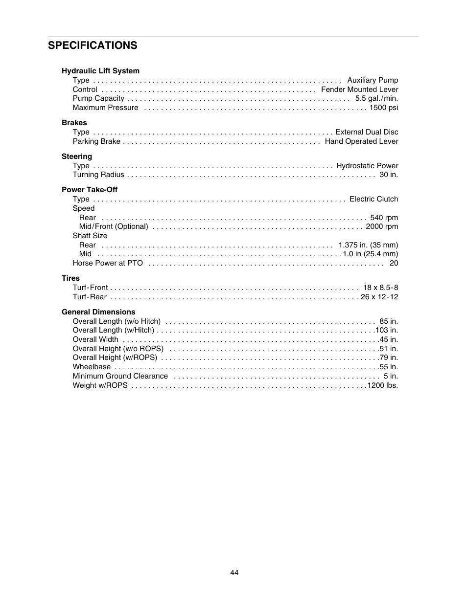 Specifications | Cub Cadet 5252 User Manual | Page 44 / 48