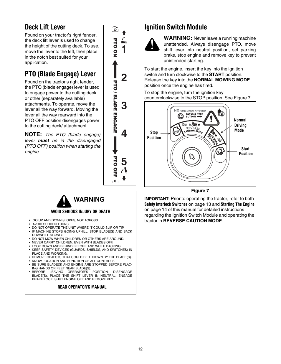 Deck lift lever, Pto (blade engage) lever, Ignition switch module | Warning | Cub Cadet CLT-538 User Manual | Page 12 / 25