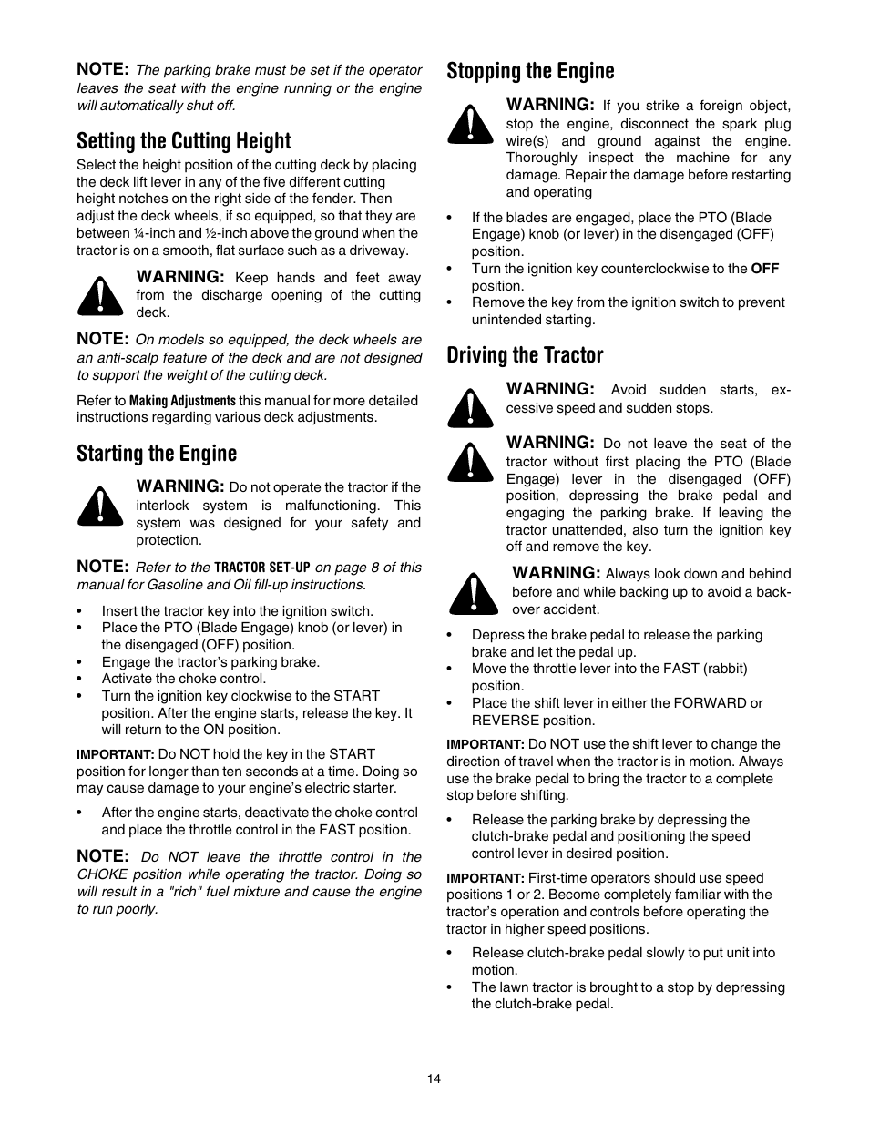 Setting the cutting height, Starting the engine, Stopping the engine | Driving the tractor | Cub Cadet CLT-538 User Manual | Page 14 / 25