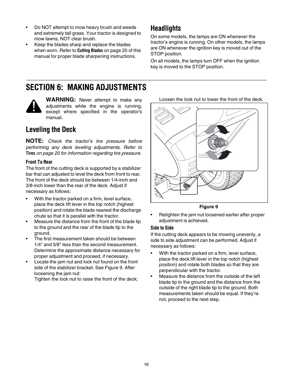 Headlights, Section 6: making adjustments, Leveling the deck | Front to rear, Side to side | Cub Cadet CLT-538 User Manual | Page 16 / 25