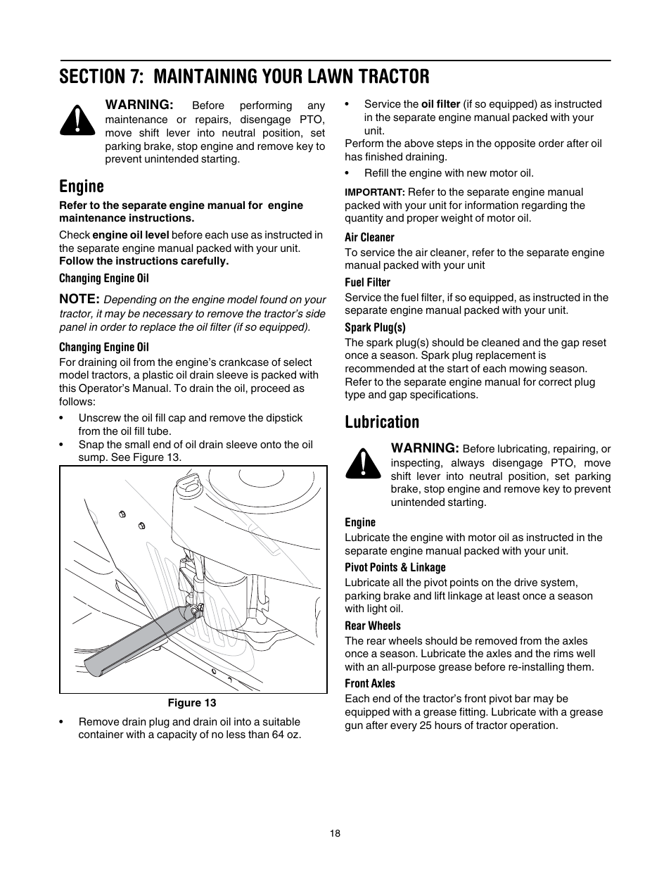 Section 7: maintaining your lawn tractor, Engine, Changing engine oil | Air cleaner, Fuel filter, Spark plug(s), Lubrication, Pivot points & linkage, Rear wheels, Front axles | Cub Cadet CLT-538 User Manual | Page 18 / 25