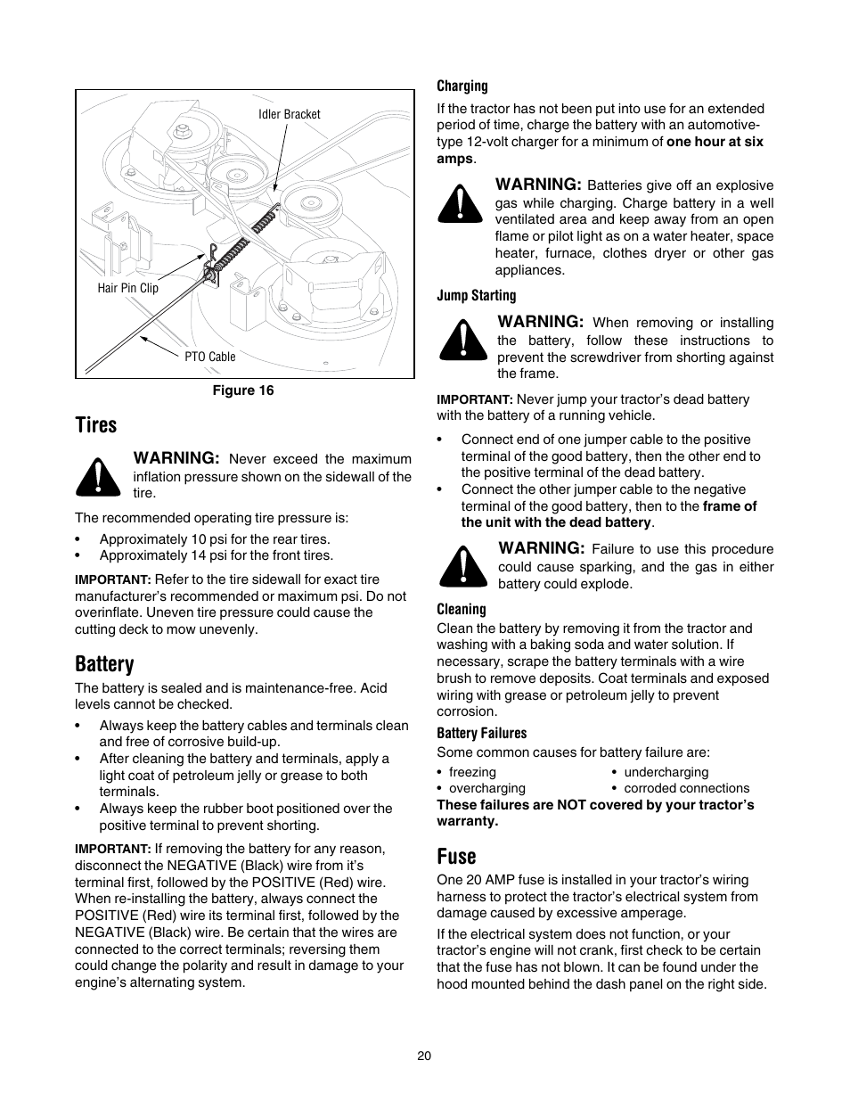 Tires, Battery, Charging | Jump starting, Cleaning, Battery failures, Fuse, Figure 16 | Cub Cadet CLT-538 User Manual | Page 20 / 25