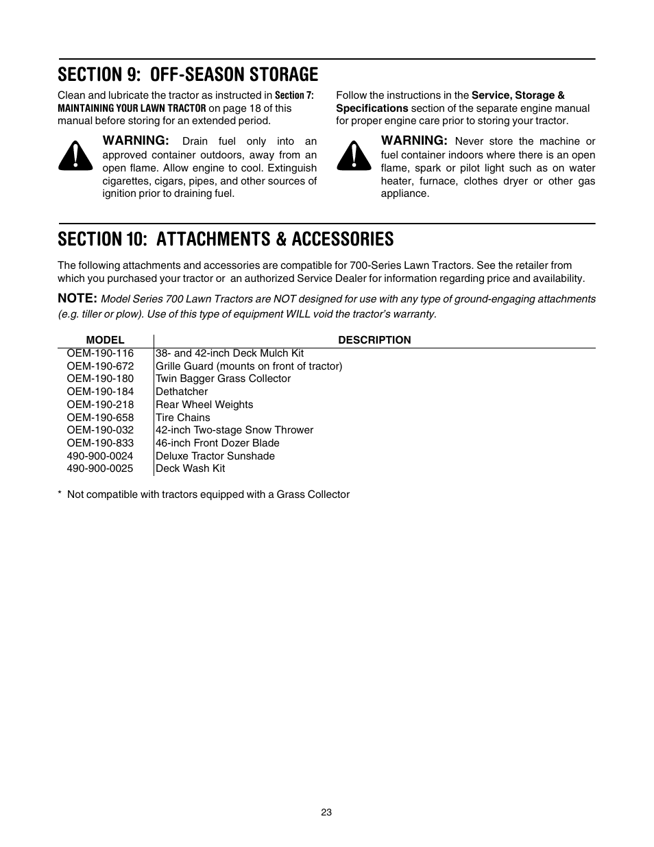 Section 9: off-season storage, Section 10: attachments & accessories, Ge 23 | Cub Cadet CLT-538 User Manual | Page 23 / 25