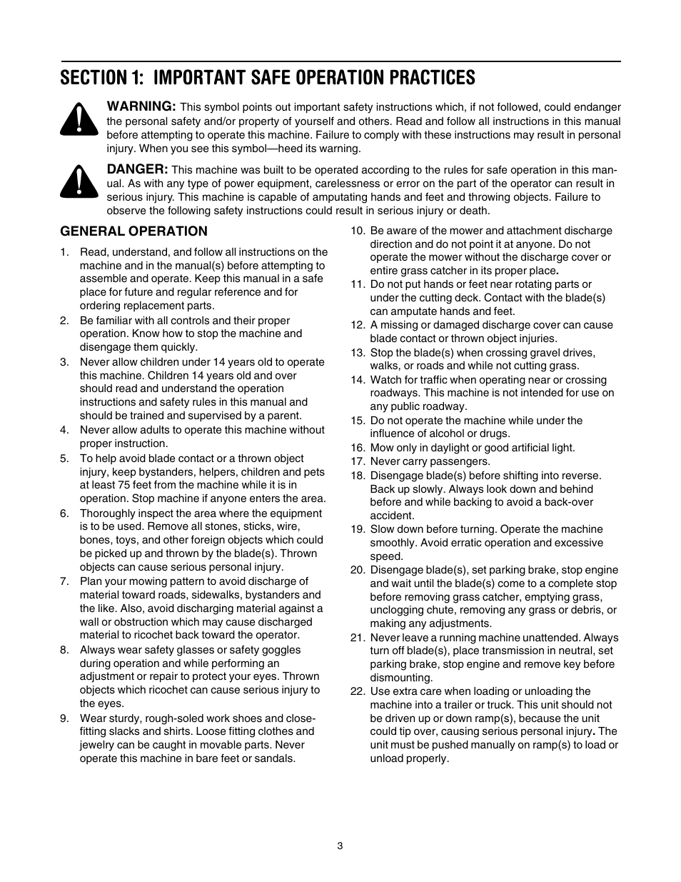 Section 1: important safe operation practices | Cub Cadet CLT-538 User Manual | Page 3 / 25