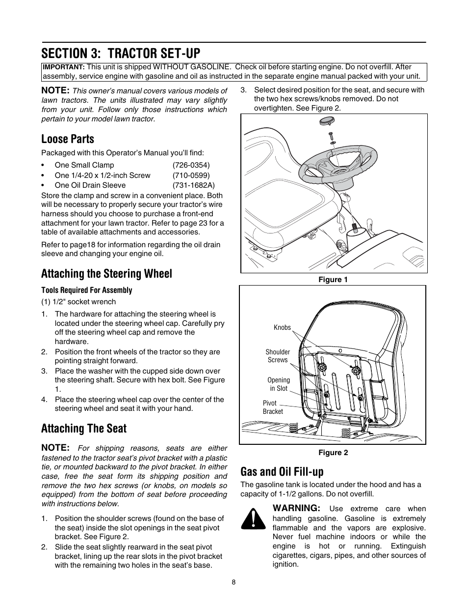 Section 3: tractor set-up, Loose parts, Attaching the steering wheel | Tools required for assembly, Attaching the seat, Gas and oil fill-up | Cub Cadet CLT-538 User Manual | Page 8 / 25