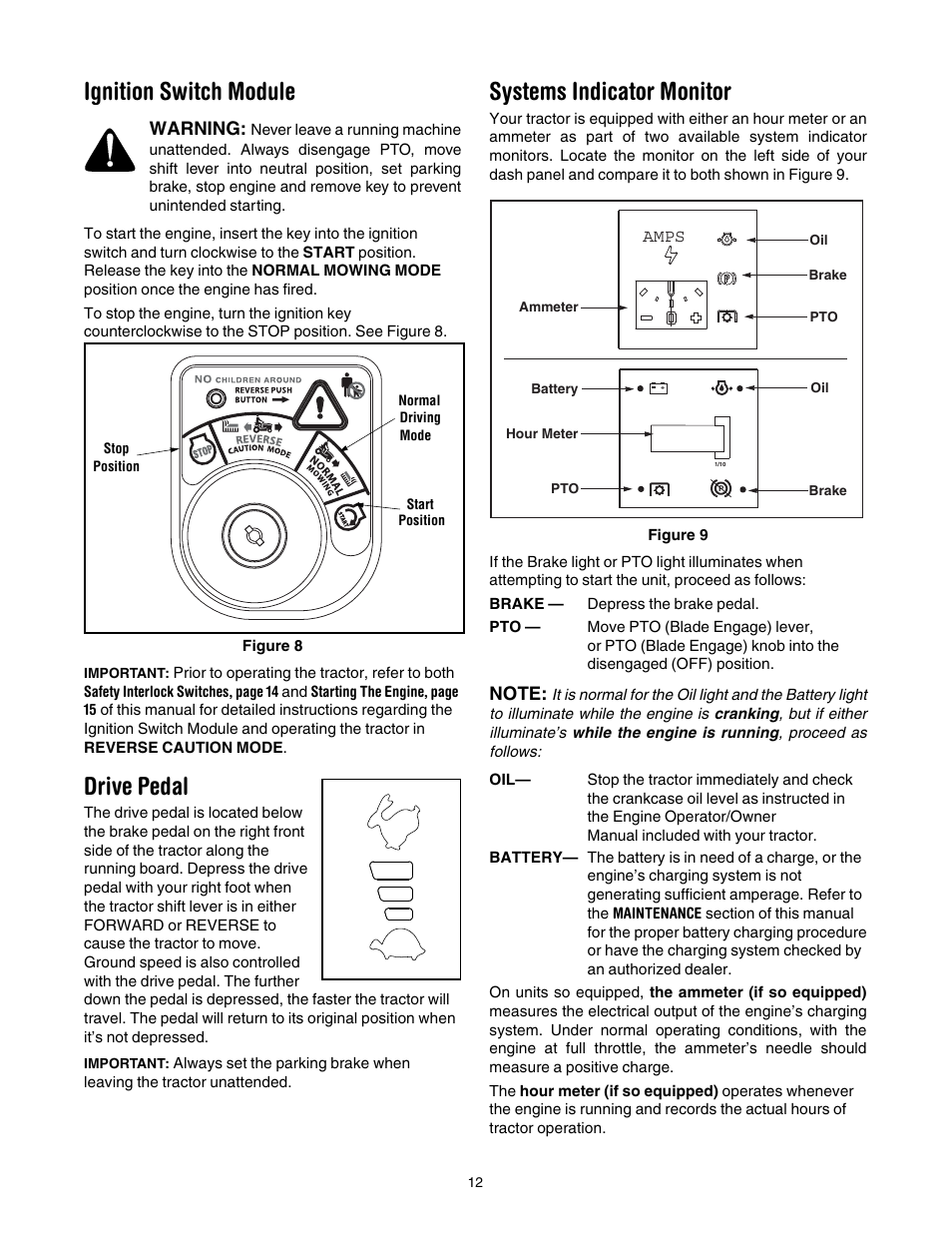 Ignition switch module, Drive pedal, Systems indicator monitor | Cub Cadet CLT-542 User Manual | Page 12 / 27