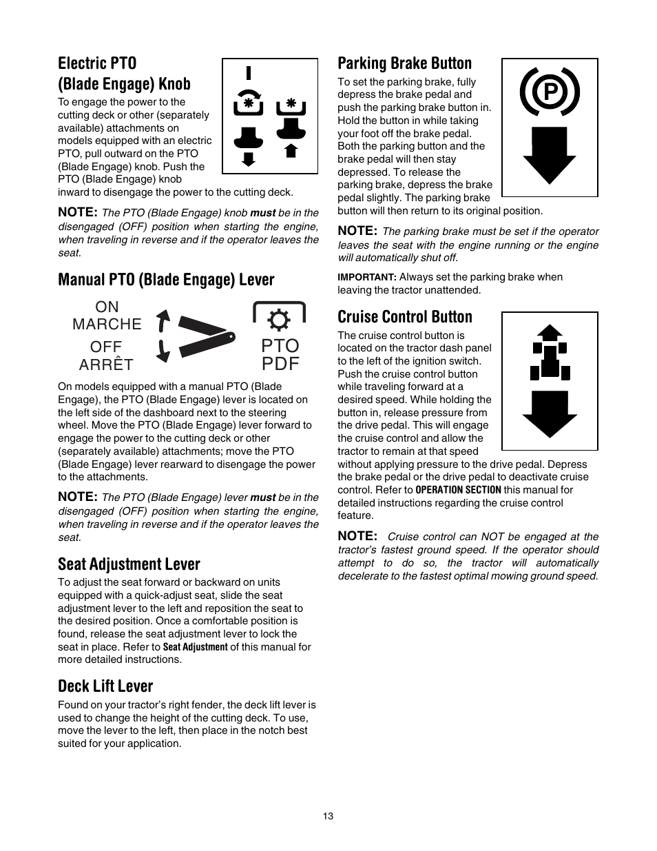 Electric pto (blade engage) knob, Pto (blade engage) lever, Seat adjustment lever | Deck lift lever, Parking brake button, Cruise control button, Cargo net (optional), Pto pdf, Manual pto (blade engage) lever | Cub Cadet CLT-542 User Manual | Page 13 / 27