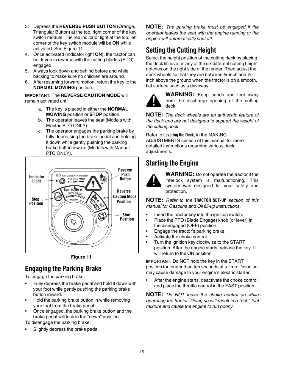 Engaging the parking brake, Setting the cutting height, Starting the engine | Cub Cadet CLT-542 User Manual | Page 15 / 27