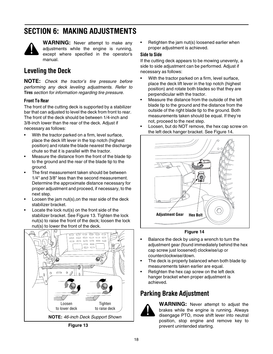 Section 6: making adjustments, Leveling the deck, Front to rear | Side to side, Parking brake adjustment | Cub Cadet CLT-542 User Manual | Page 18 / 27