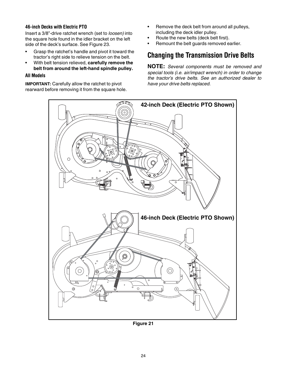 Inch decks with electric pto, All models, Changing the transmission drive belts | Cub Cadet CLT-542 User Manual | Page 24 / 27