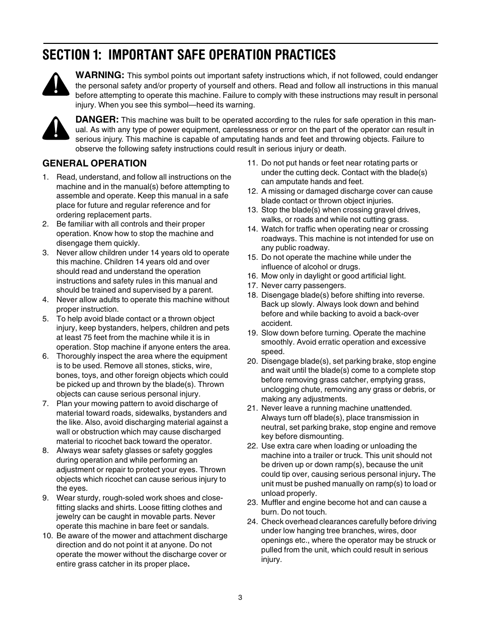 Section 1: important safe operation practices | Cub Cadet CLT-542 User Manual | Page 3 / 27