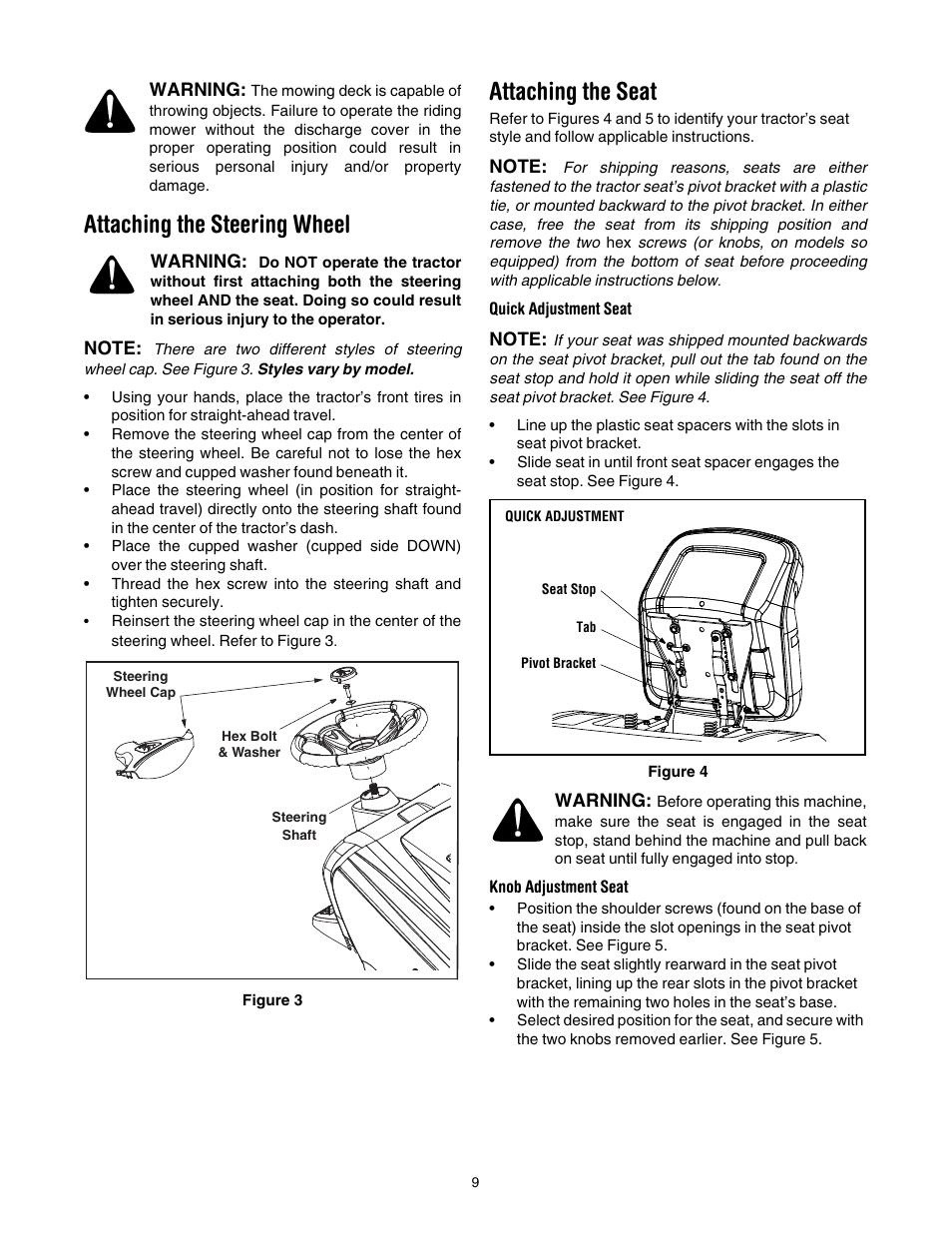 Attaching the steering wheel, Attaching the seat, Quick adjustment seat | Knob adjustment seat | Cub Cadet CLT-542 User Manual | Page 9 / 27