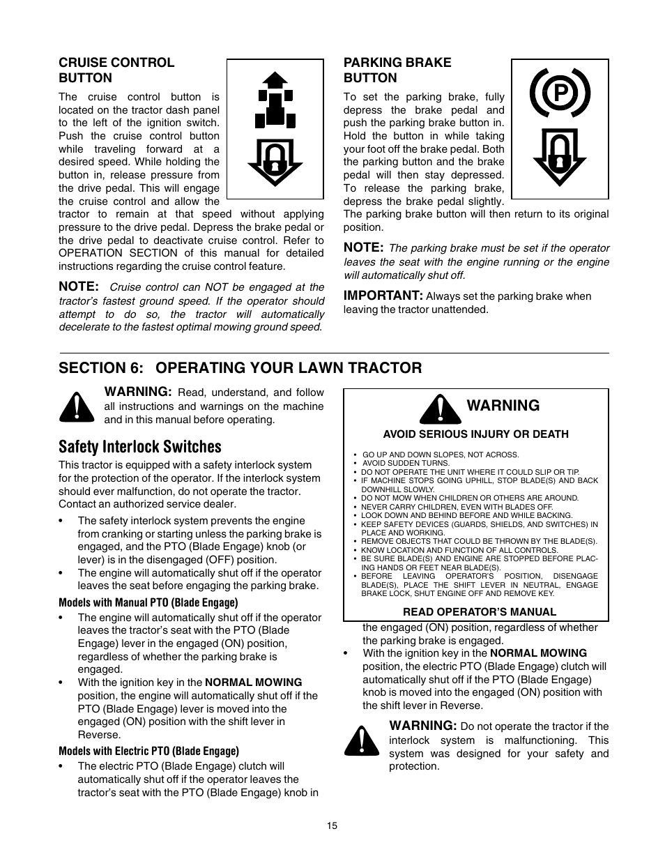 Figure 10, Safety interlock switches, Operating your lawn tractor | Warning | Cub Cadet CLT-542H User Manual | Page 15 / 29