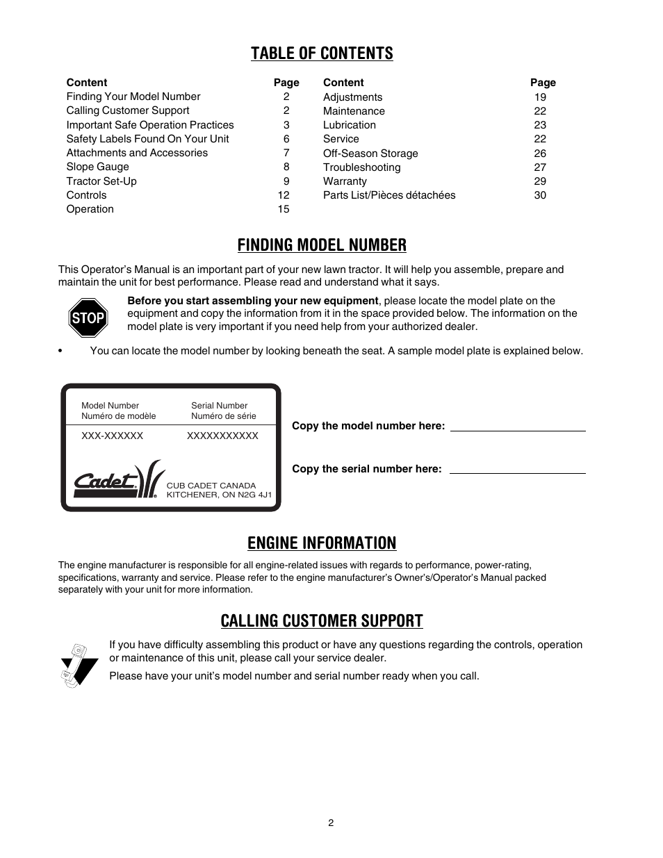 Table of contents finding model number, Engine information, Calling customer support | Cub Cadet CLT-542H User Manual | Page 2 / 29