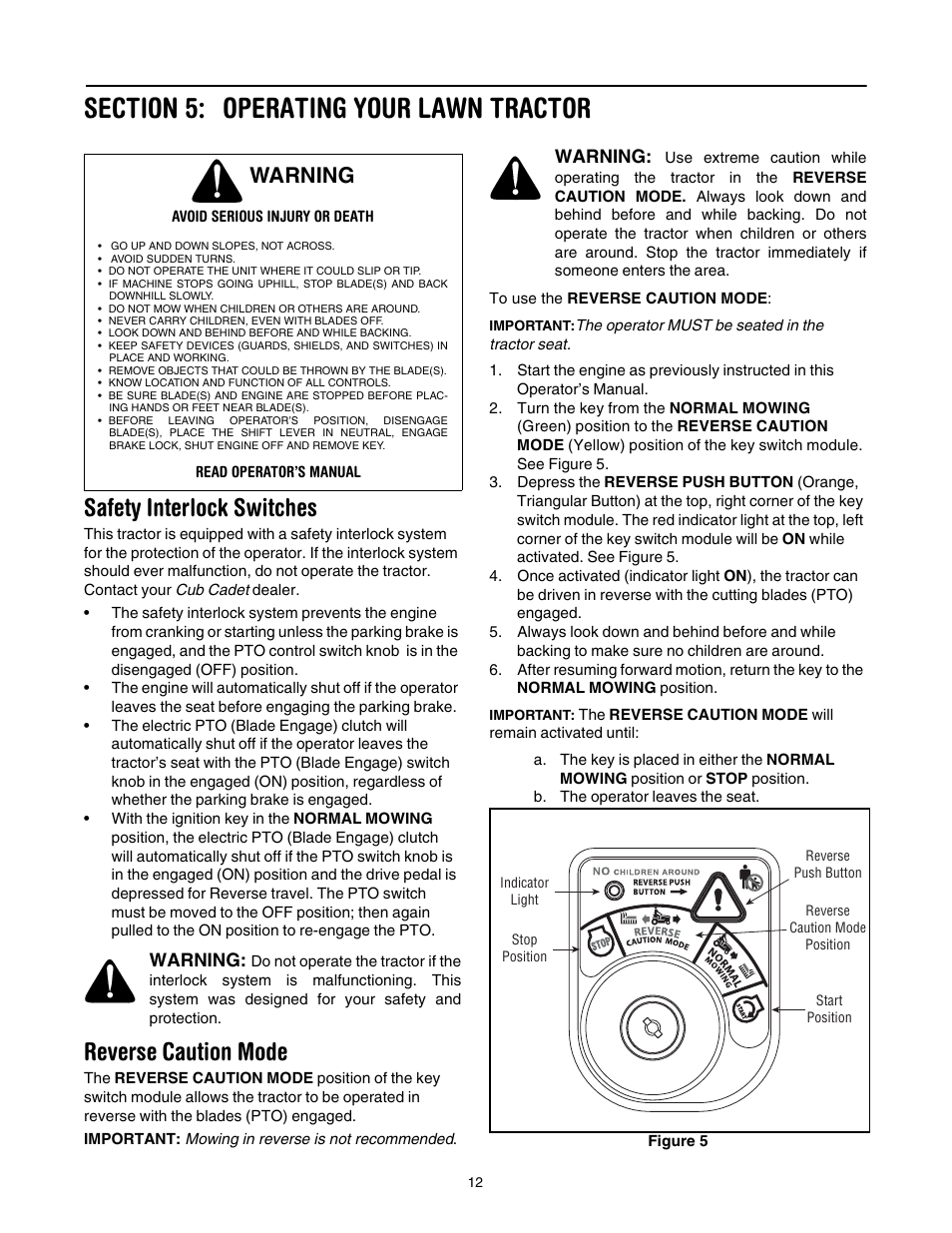 Operating your lawn tractor, Safety interlock switches, Reverse caution mode | Warning | Cub Cadet GT-1554 User Manual | Page 12 / 32