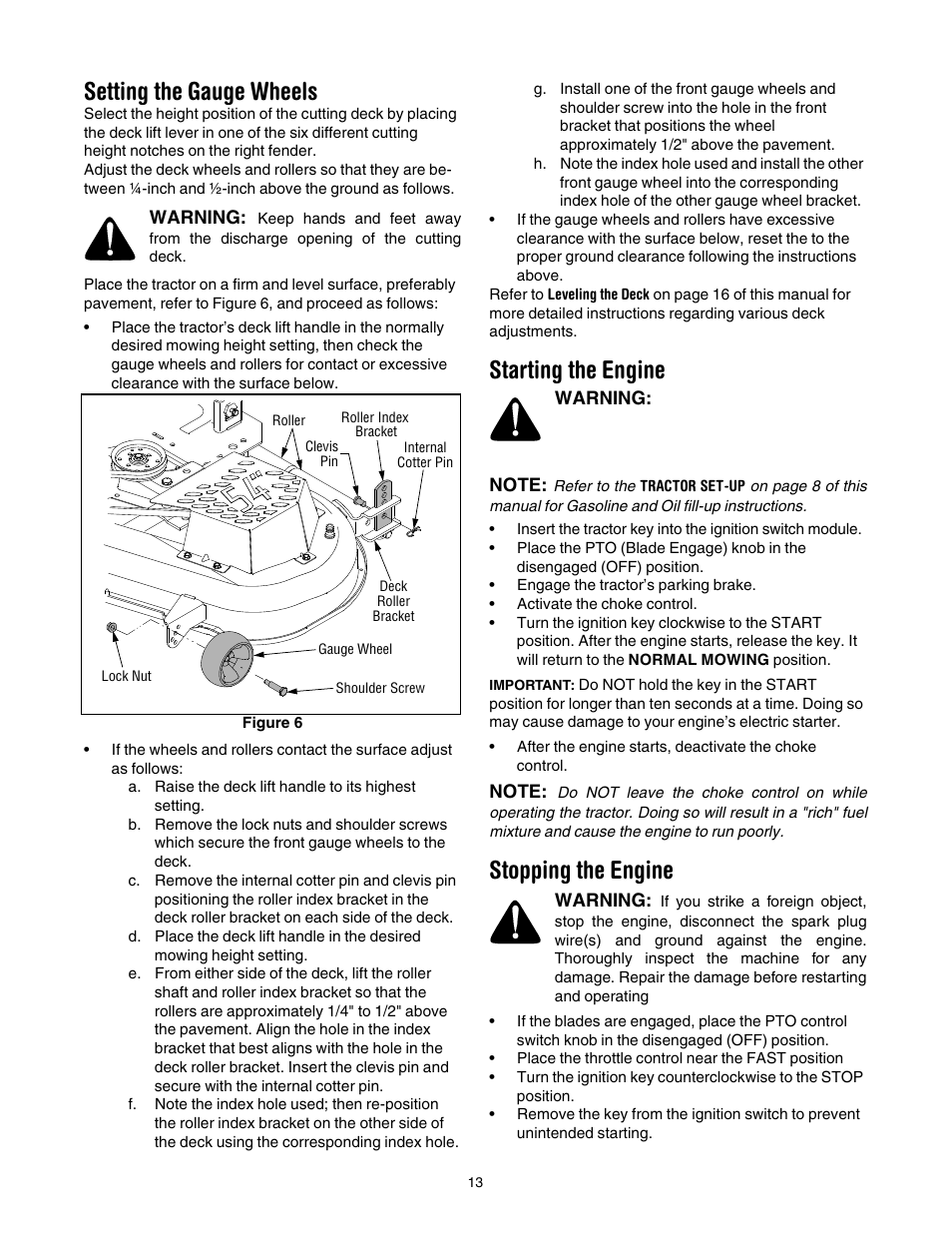 Setting the gauge wheels, Starting the engine, Stopping the engine | Cub Cadet GT-1554 User Manual | Page 13 / 32