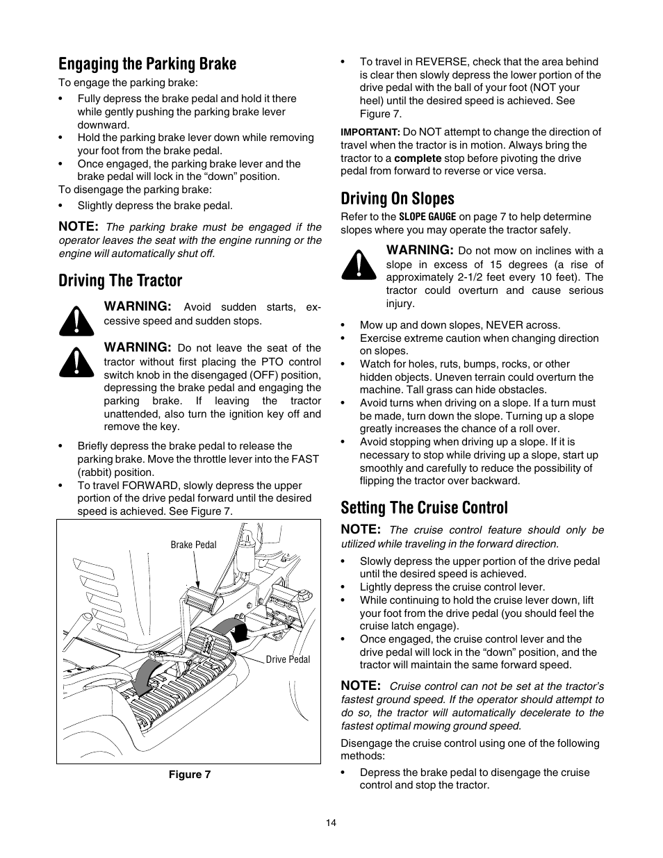 Engaging the parking brake, Driving the tractor, Driving on slopes | Setting the cruise control | Cub Cadet GT-1554 User Manual | Page 14 / 32