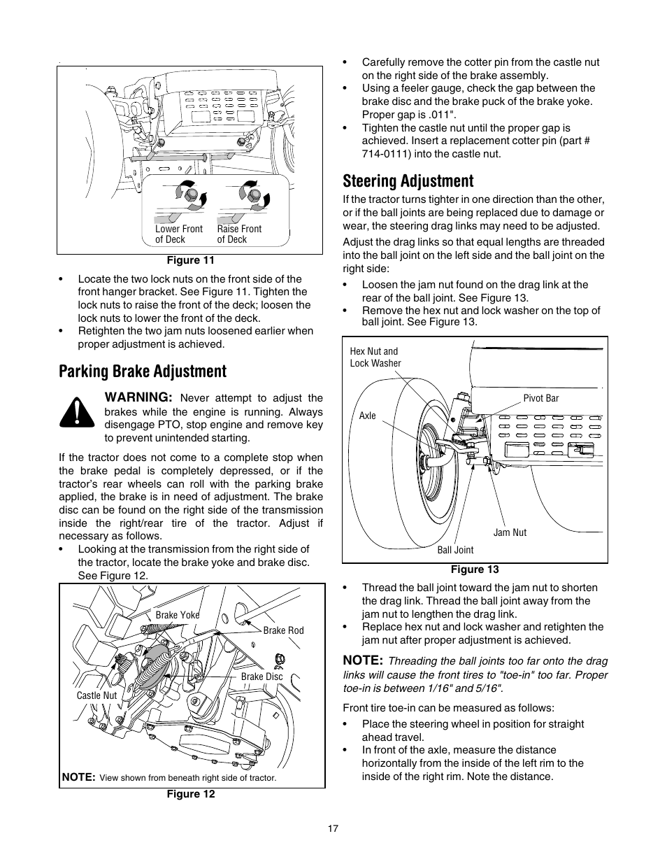 Parking brake adjustment, Steering adjustment | Cub Cadet GT-1554 User Manual | Page 17 / 32