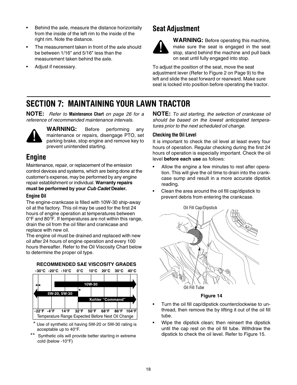 Seat adjustment, Engine | Cub Cadet GT-1554 User Manual | Page 18 / 32