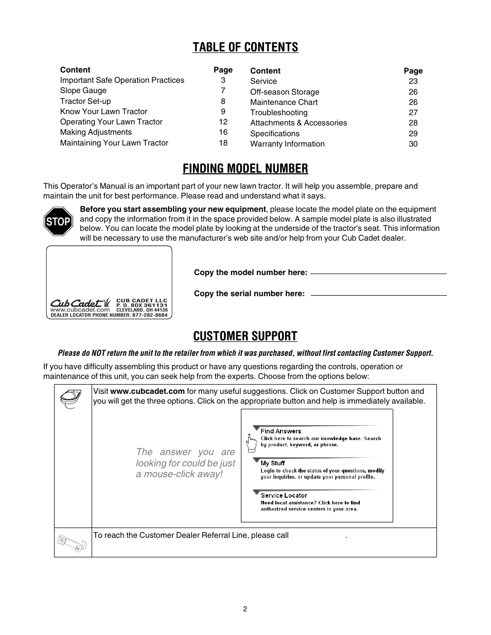 Table of contents finding model number, Customer support | Cub Cadet GT-1554 User Manual | Page 2 / 32