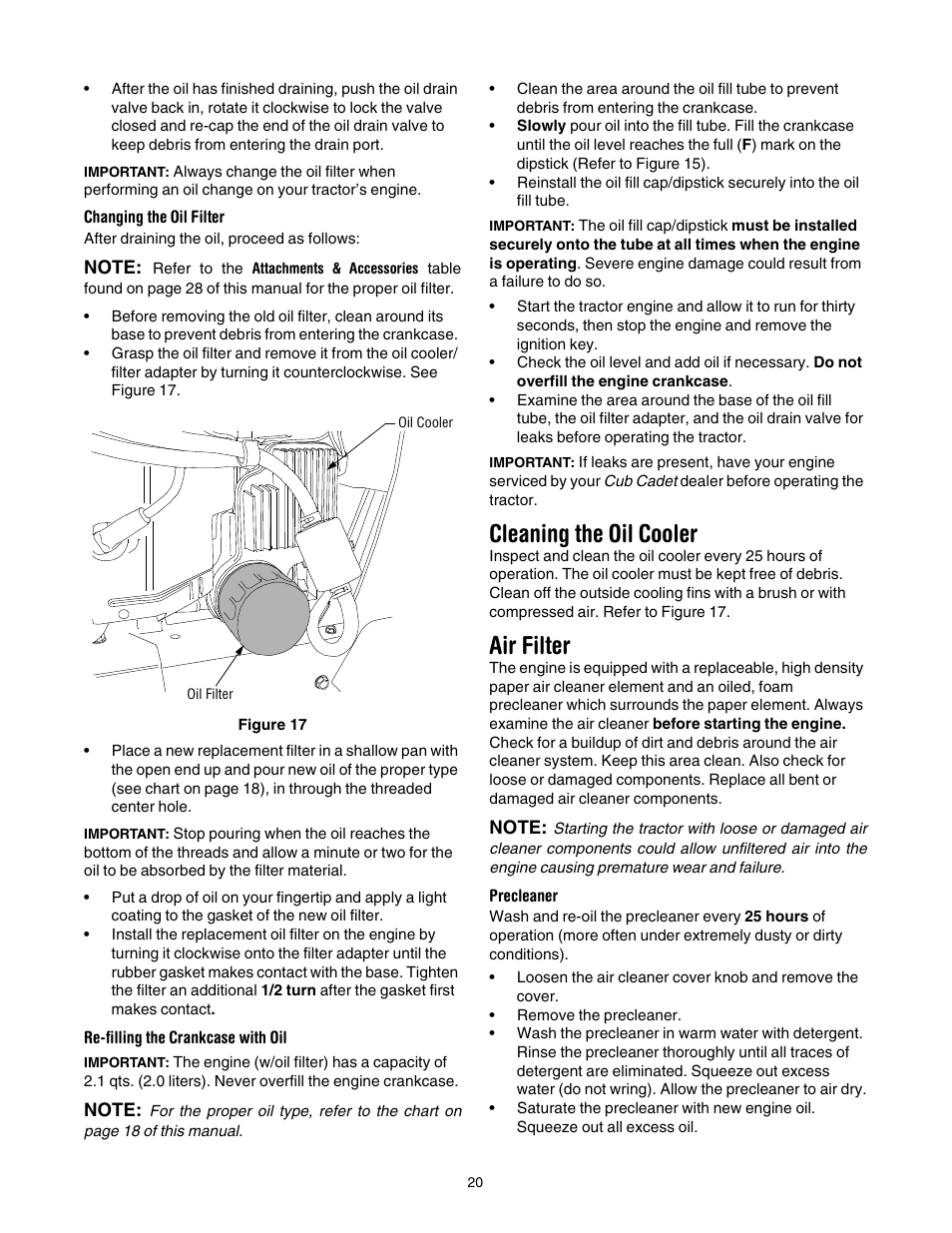 Cleaning the oil cooler, Air filter | Cub Cadet GT-1554 User Manual | Page 20 / 32