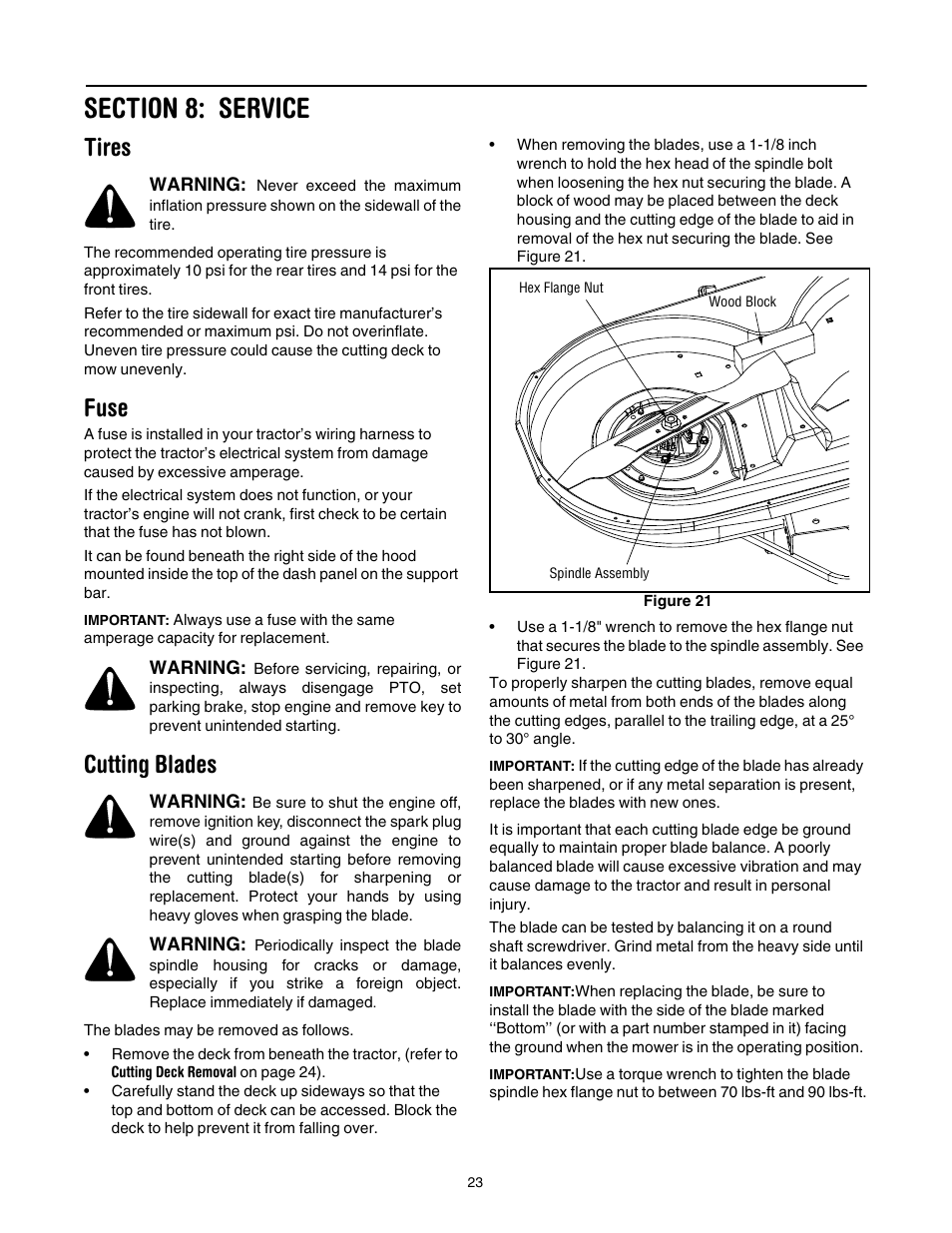 Tires, Fuse, Cutting blades | Cub Cadet GT-1554 User Manual | Page 23 / 32