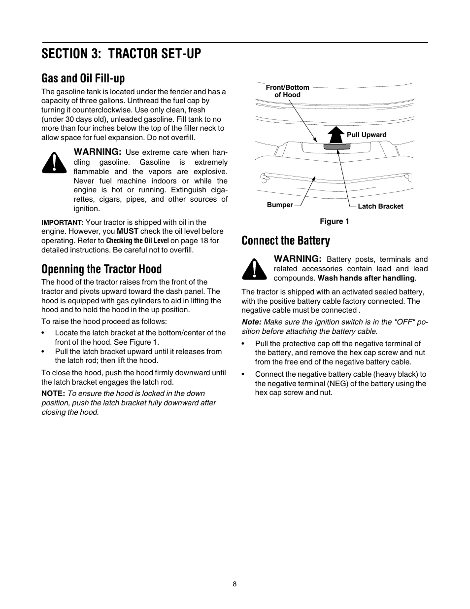 Gas and oil fill-up, Openning the tractor hood, Connect the battery | Cub Cadet GT-1554 User Manual | Page 8 / 32