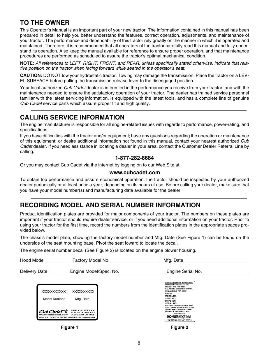 Calling service information, Recording model and serial number information | Cub Cadet GT-2544 User Manual | Page 8 / 60