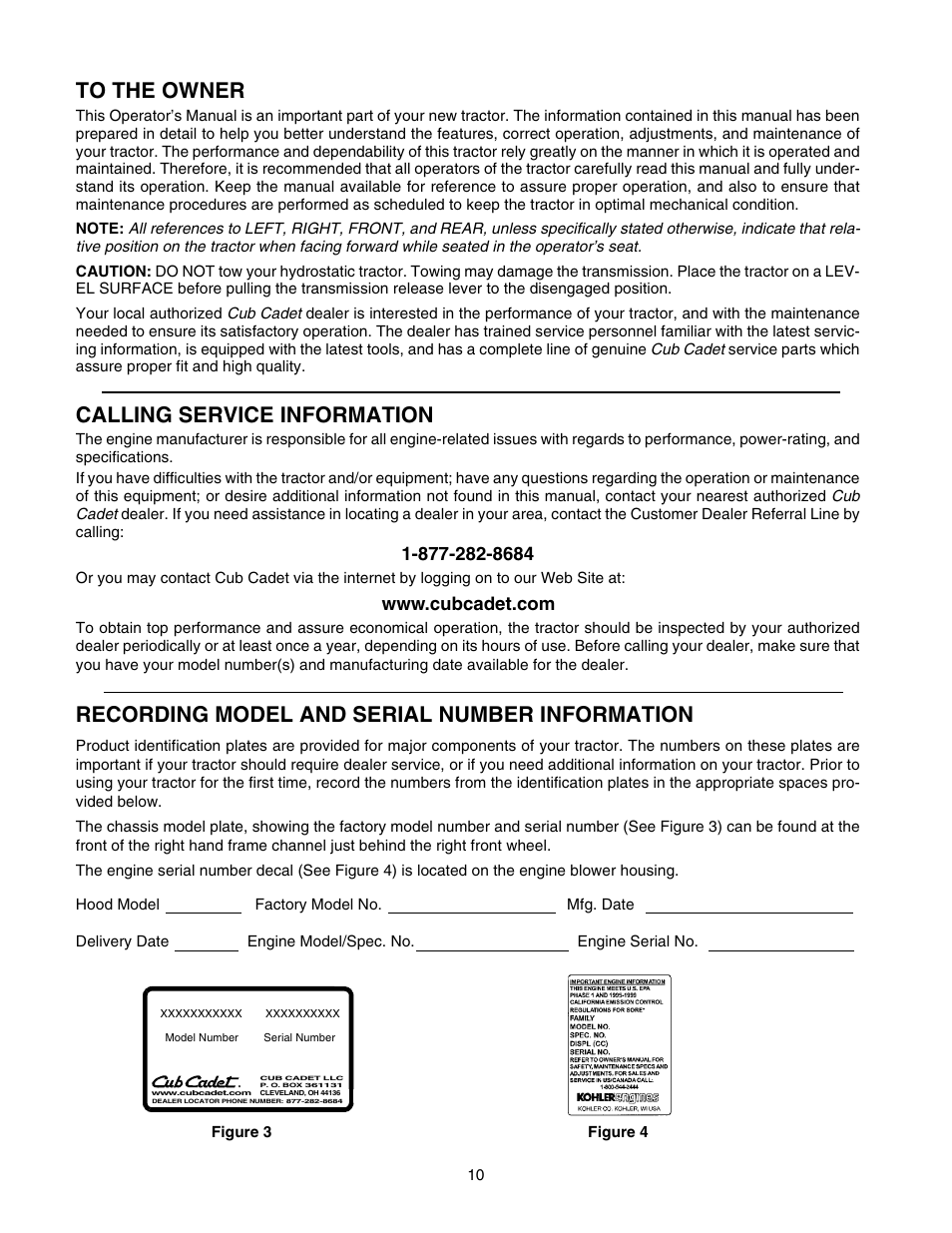 Calling service information, Recording model and serial number information | Cub Cadet GT-2544 User Manual | Page 10 / 56