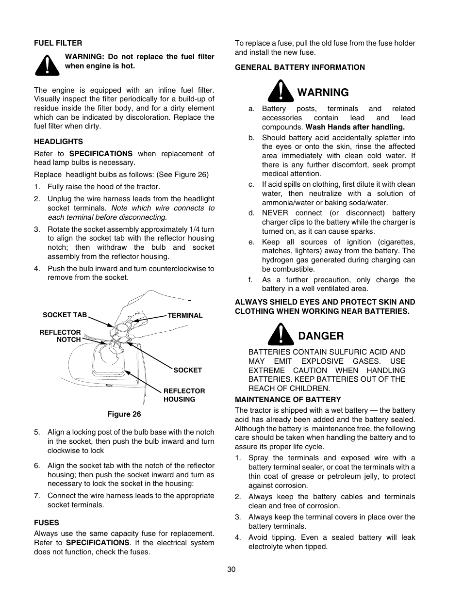 Warning, Danger | Cub Cadet GT-2544 User Manual | Page 30 / 56