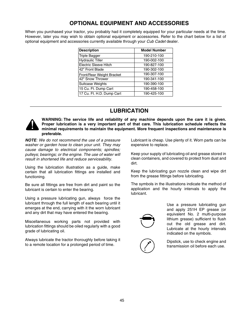 Optional equipment and accessories, Lubrication | Cub Cadet GT-2544 User Manual | Page 45 / 56