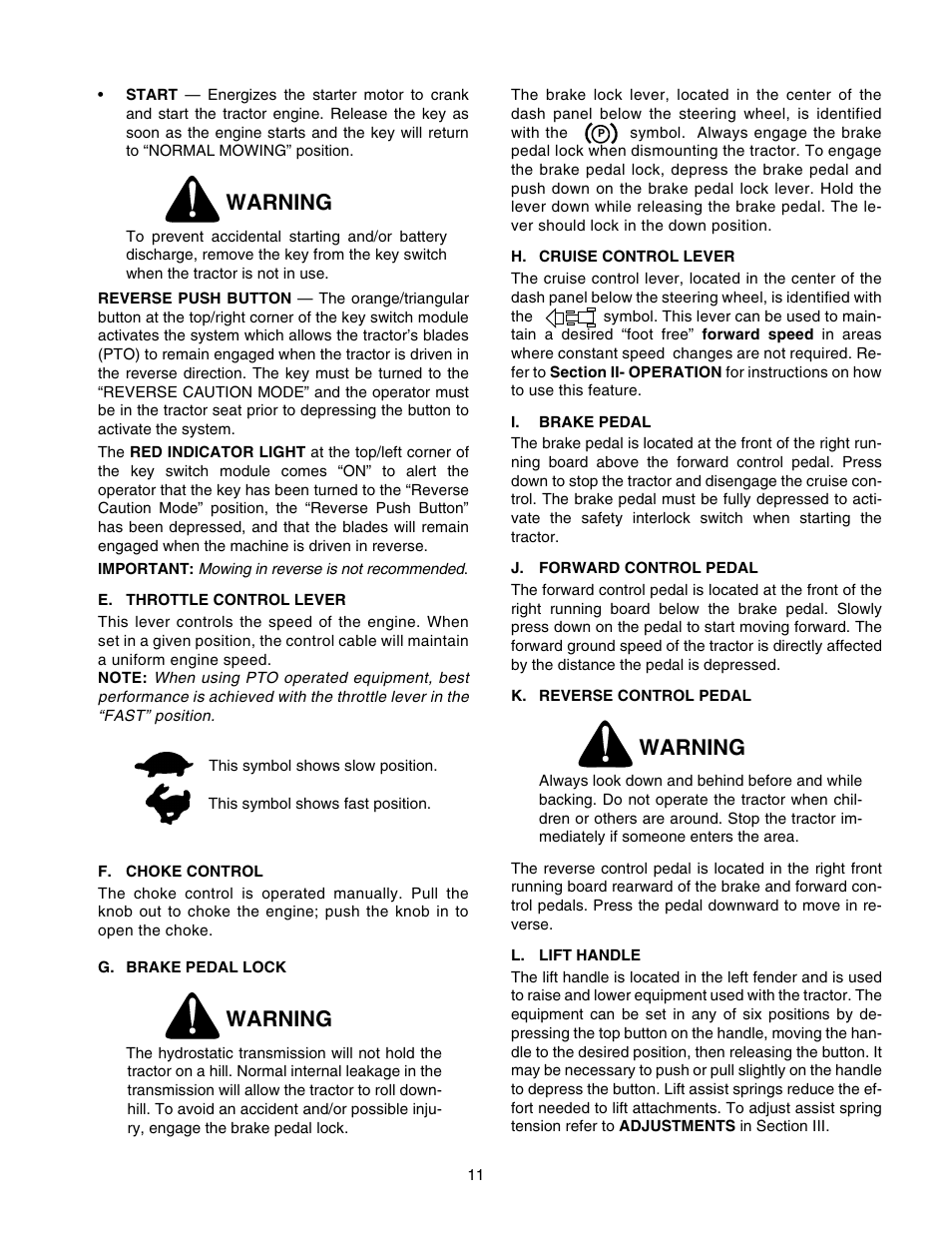 Warning | Cub Cadet GT-2550 User Manual | Page 11 / 60