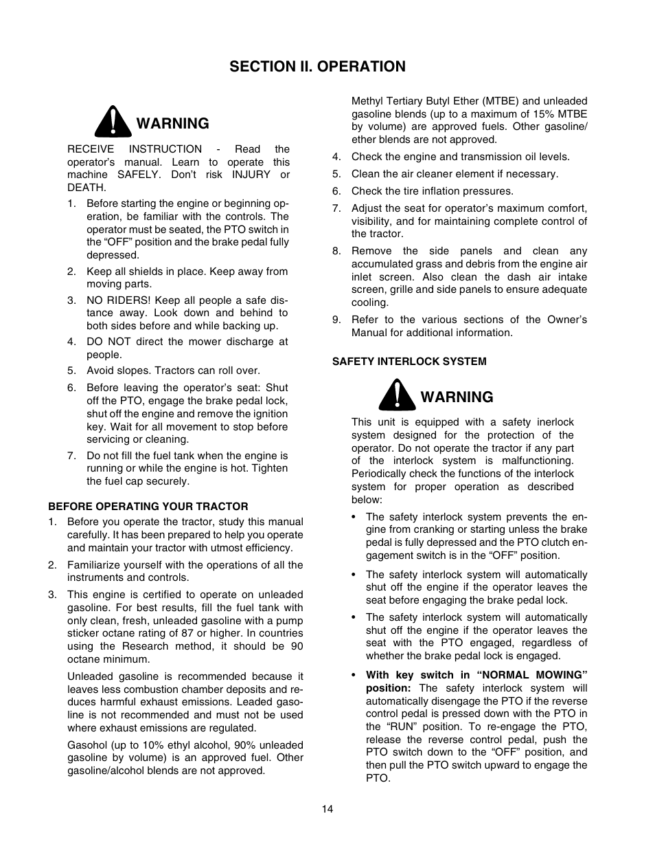 Warning | Cub Cadet GT-2550 User Manual | Page 14 / 60