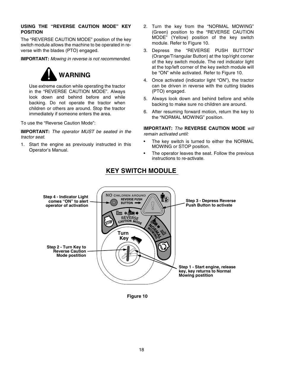 Warning, Key switch module | Cub Cadet GT-2550 User Manual | Page 18 / 60
