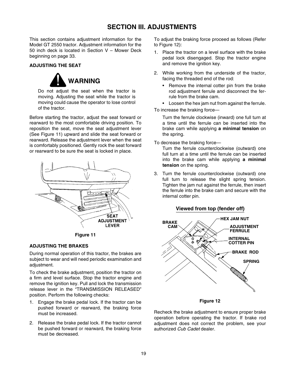 Warning | Cub Cadet GT-2550 User Manual | Page 19 / 60