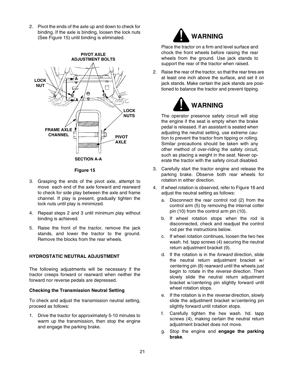 Warning | Cub Cadet GT-2550 User Manual | Page 21 / 60