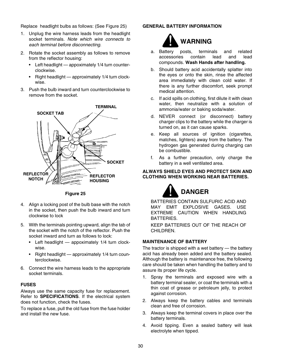 Warning, Danger | Cub Cadet GT-2550 User Manual | Page 30 / 60