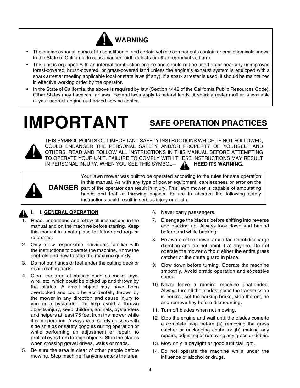 Important, Safe operation practices, Warning | Danger | Cub Cadet GT-2550 User Manual | Page 4 / 60