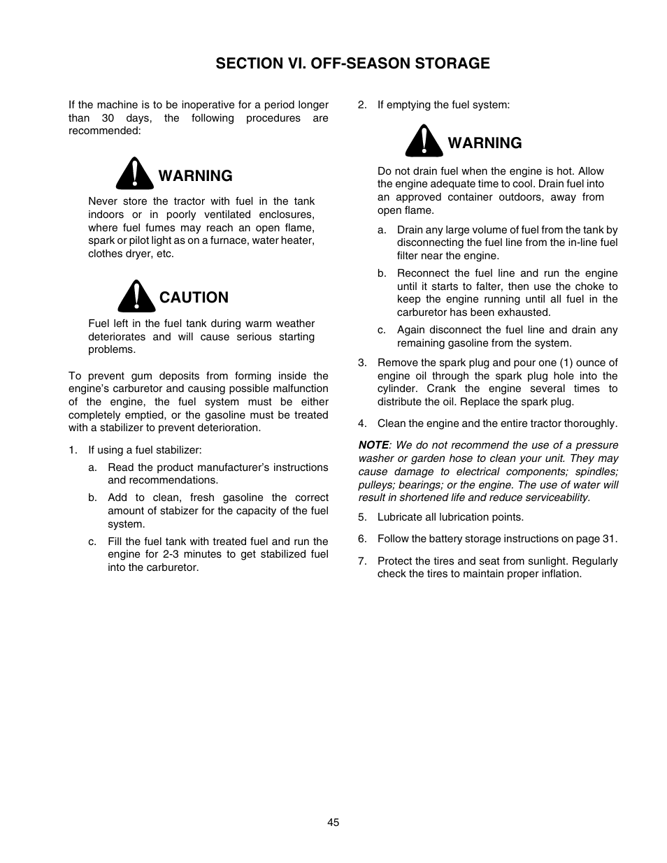 Warning, Caution | Cub Cadet GT-2550 User Manual | Page 45 / 60