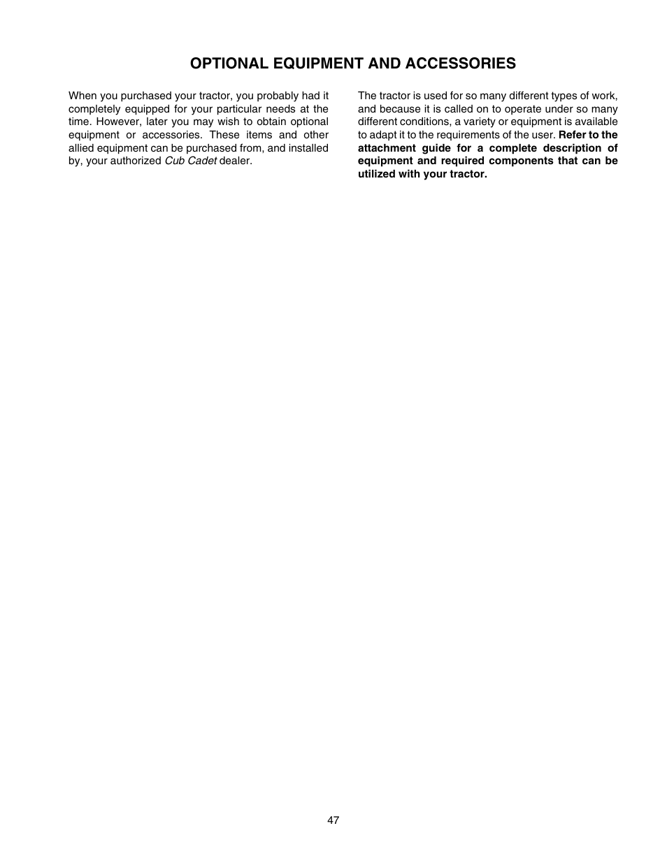 Optional equipment and accessories | Cub Cadet GT-2550 User Manual | Page 47 / 60