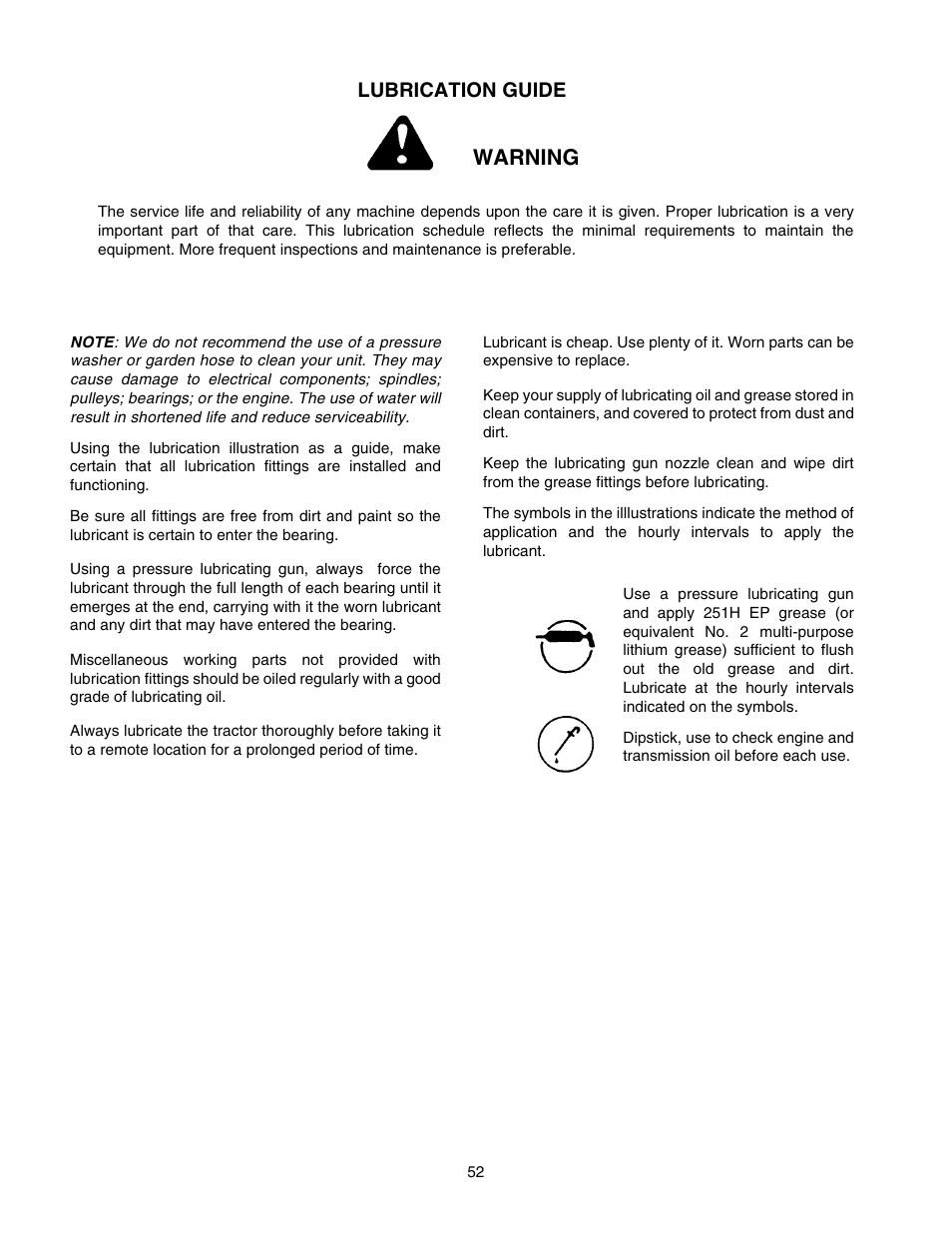 Warning, Lubrication guide | Cub Cadet GT-2550 User Manual | Page 52 / 60
