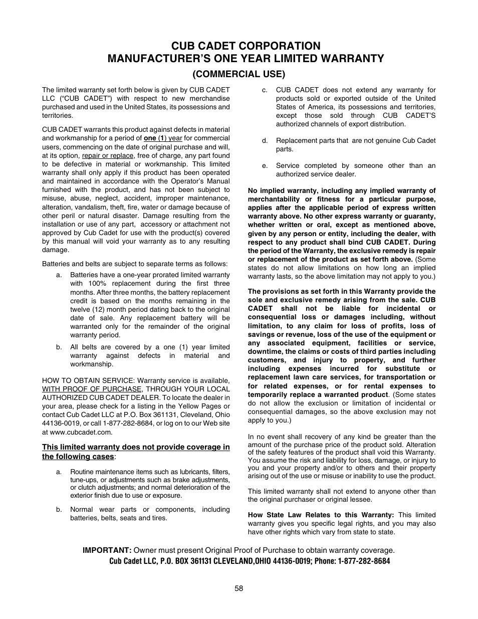 Cub Cadet GT-2550 User Manual | Page 58 / 60