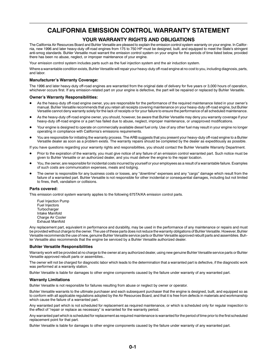 California emission control warranty statement, Your warranty rights and obligations | Buhler 2180 User Manual | Page 3 / 332