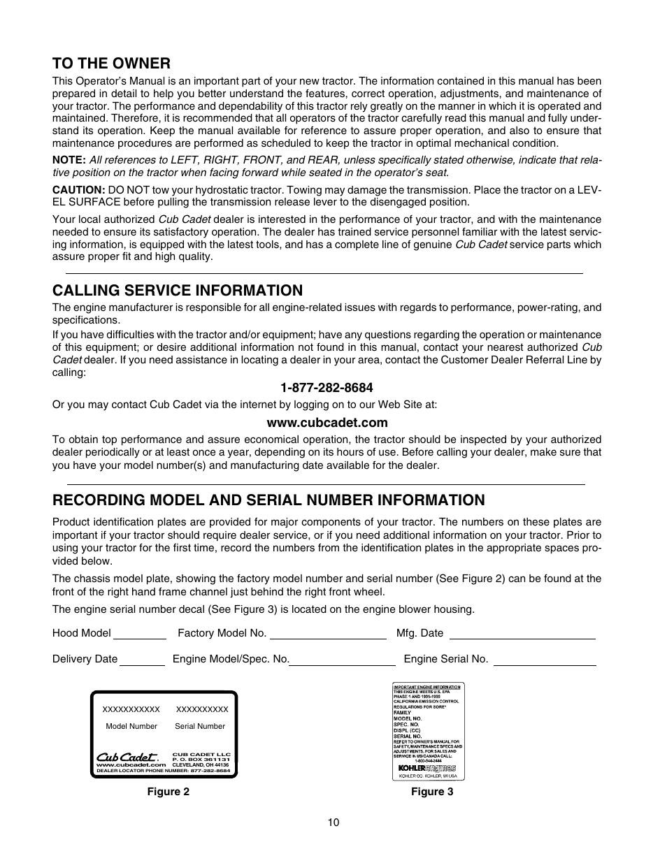 Calling service information, Recording model and serial number information | Cub Cadet GT-2550 User Manual | Page 10 / 56